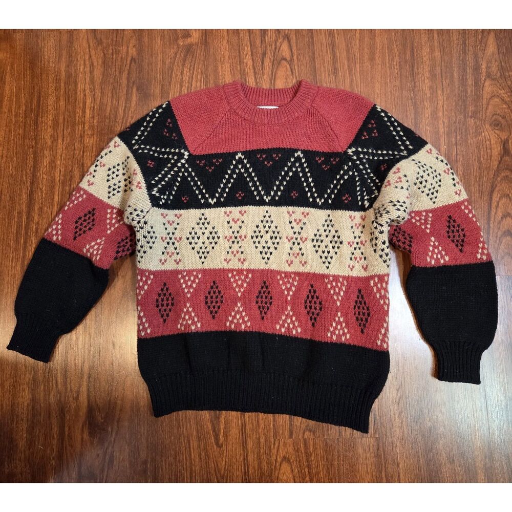 Vintage Benetton Shetland Wool Sweater Mens M Made Italy Geometric 80s Fair Isle